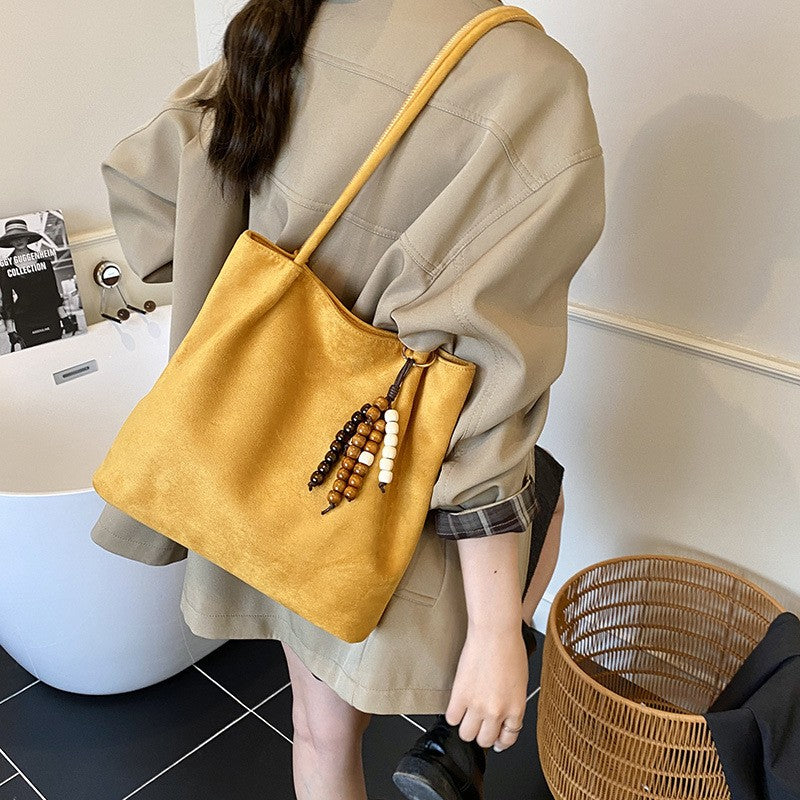Slouchy Faux Suede Shoulder Tote Bag - Mustard