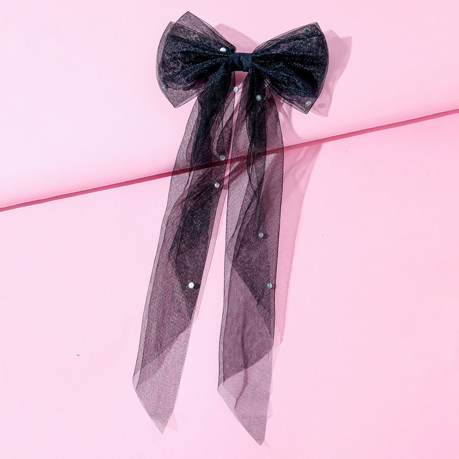 Tulle Bow Hair Clip With Long Streamers - 02Black