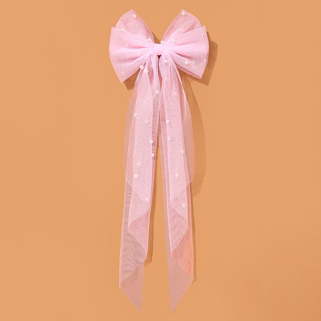 Tulle Bow Hair Clip With Long Streamers - 03Pink