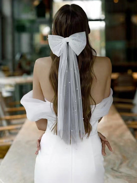 Tulle Bow Hair Clip With Long Streamers - 07White