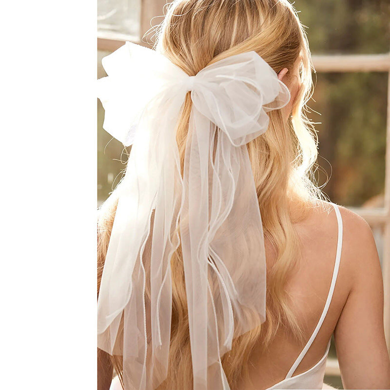 Tulle Bow Hair Clip With Long Streamers - 14White