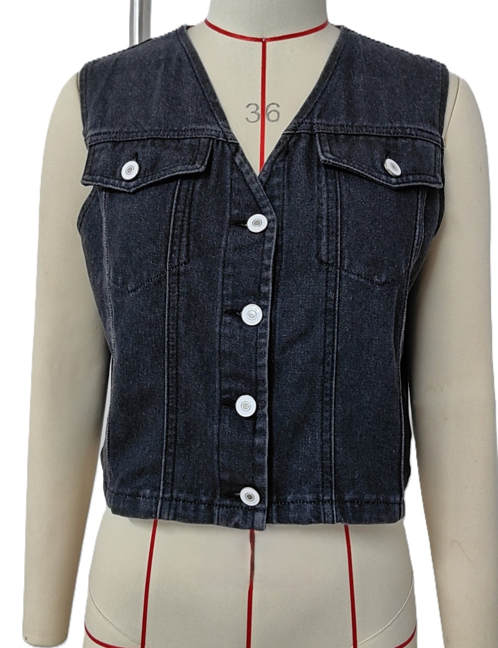 Cropped Sleeveless Button Front Denim Vest - Black