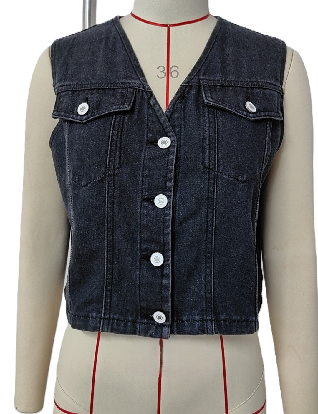 Cropped Sleeveless Button Front Denim Vest - Black