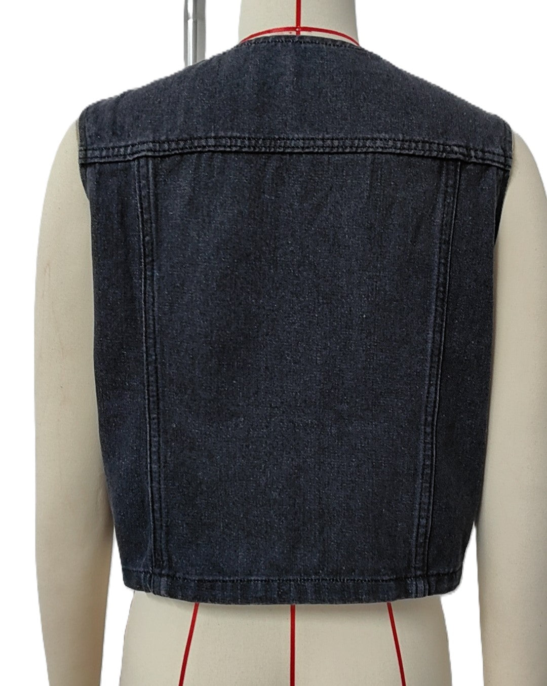 Cropped Sleeveless Button Front Denim Vest - Black - 1