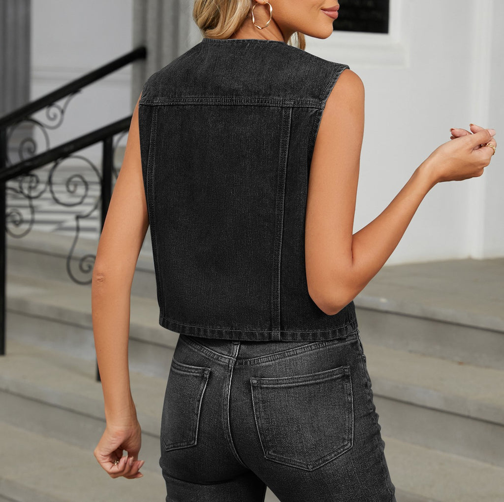 Cropped Sleeveless Button Front Denim Vest - Black - 3