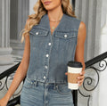 Cropped Sleeveless Button Front Denim Vest - Blue