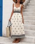 Boho Geo Print Smocked Waist Maxi Sundress - White
