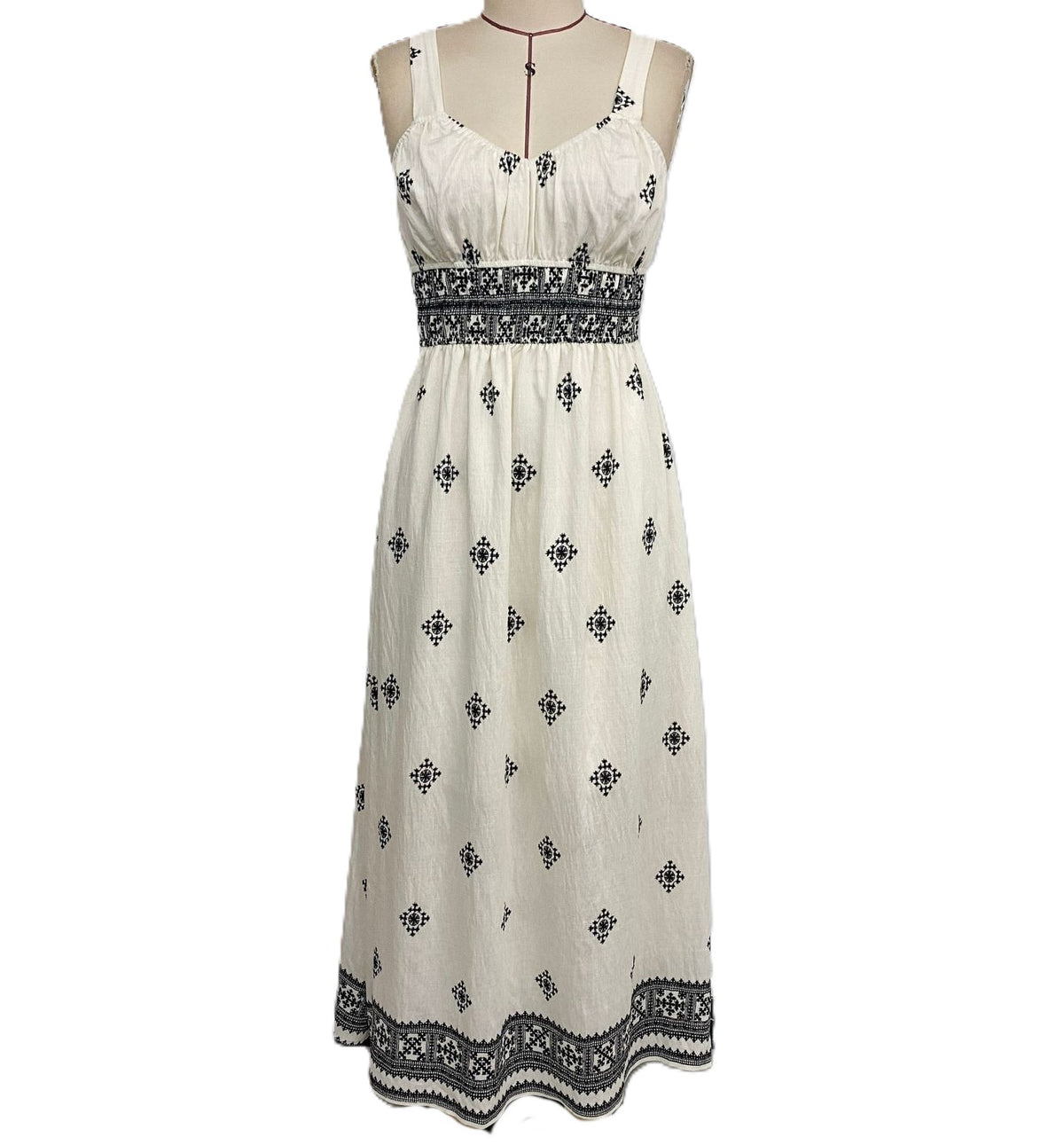 Boho Geo Print Smocked Waist Maxi Sundress - White - 1