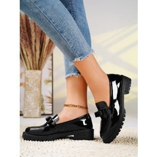 Patent Bow Lug Sole Loafers - Black