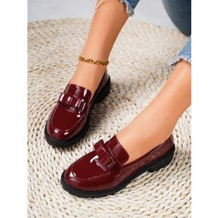 Patent Bow Lug Sole Loafers - Burgundy