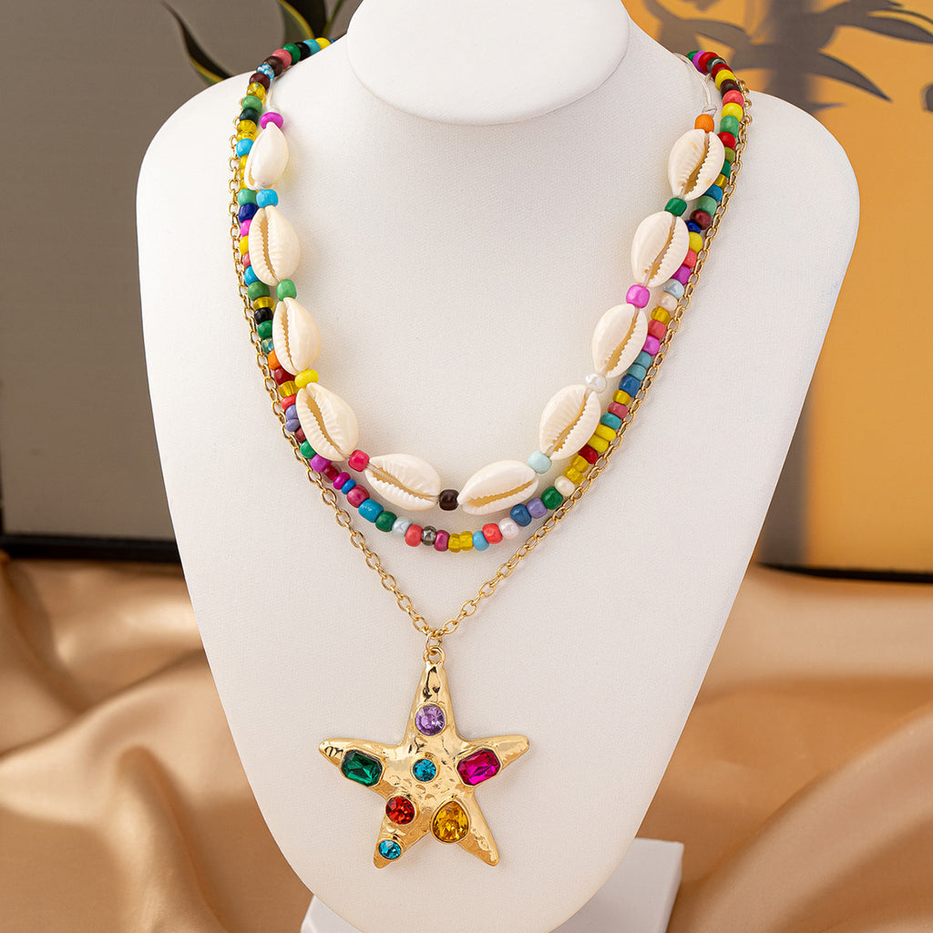 Layered Shell Bead Starfish Pendant Necklace - Color