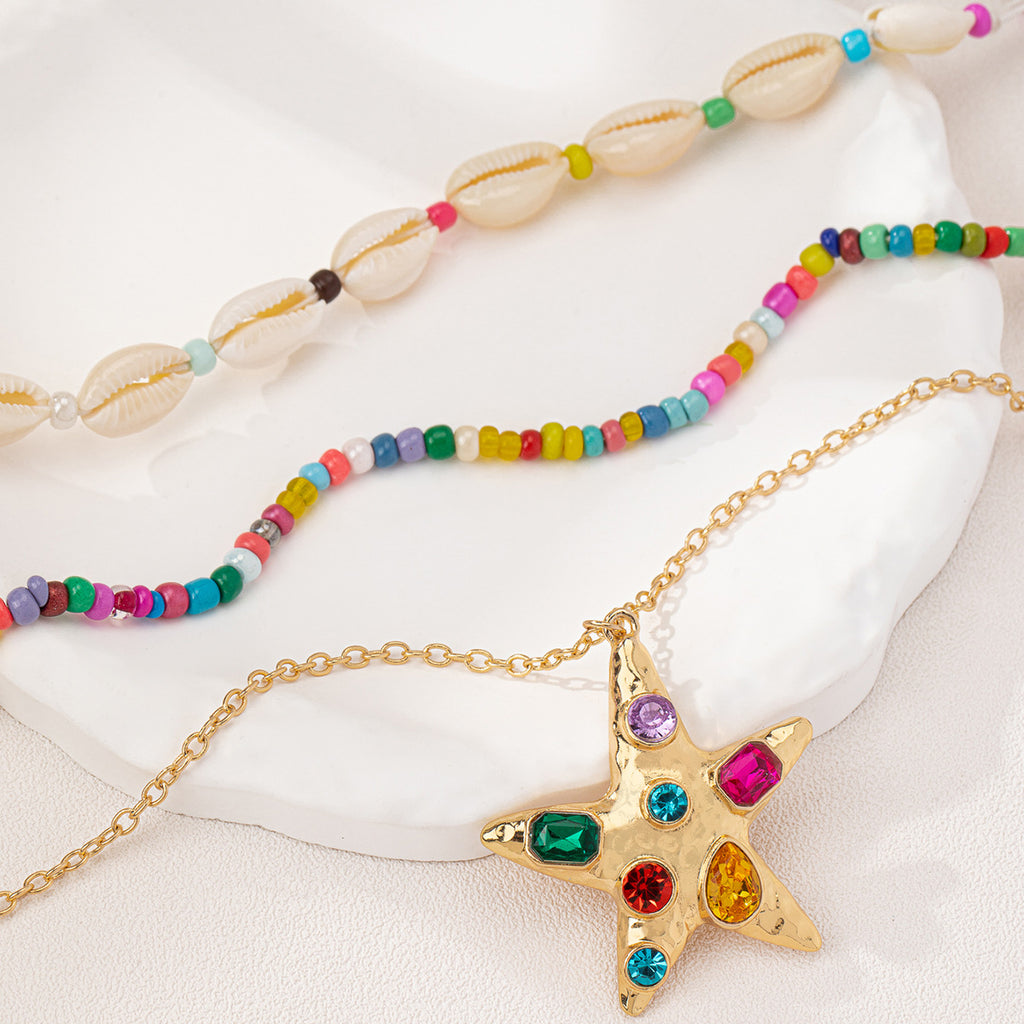 Layered Shell Bead Starfish Pendant Necklace - Color - 2