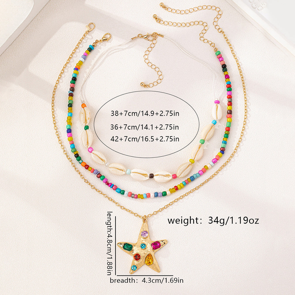 Layered Shell Bead Starfish Pendant Necklace - Color - 3