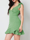 Tie Shoulder Ruffle Hem Bodycon Mini Dress - Green