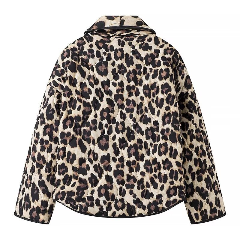 Leopard Print Quilted Open Front Jacket - Coffee
