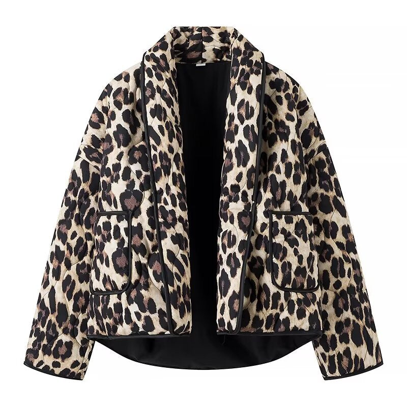 Leopard Print Quilted Open Front Jacket - Coffee - 1