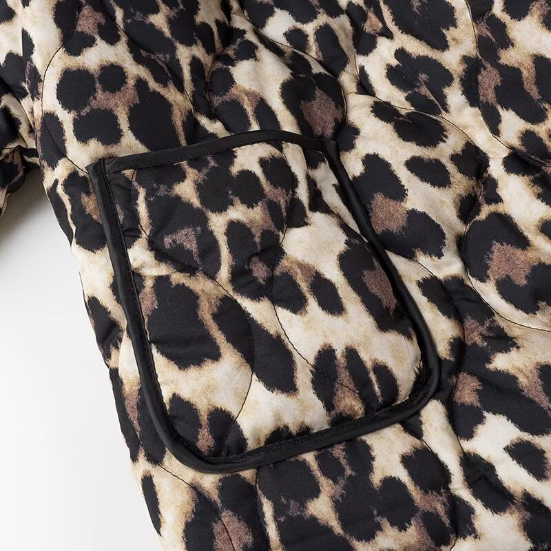 Leopard Print Quilted Open Front Jacket - Coffee - 2
