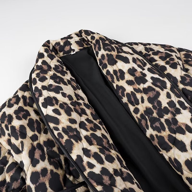 Leopard Print Quilted Open Front Jacket - Coffee - 6