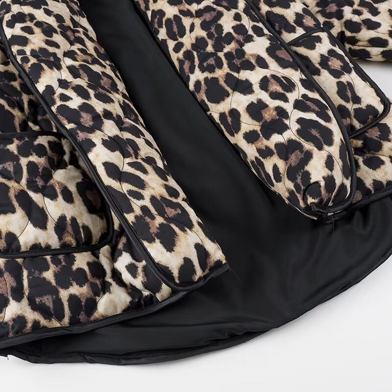 Leopard Print Quilted Open Front Jacket - Coffee - 8