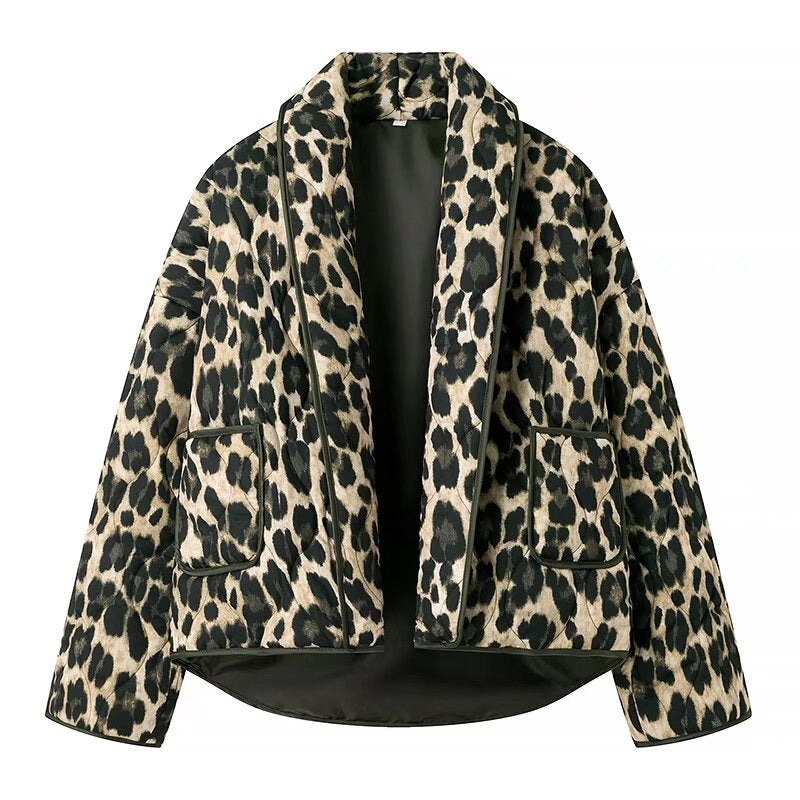 Leopard Print Quilted Open Front Jacket - Green