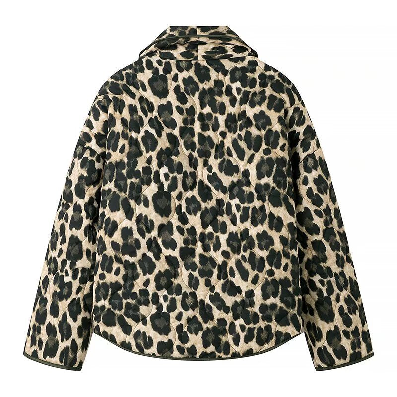 Leopard Print Quilted Open Front Jacket - Green - 1