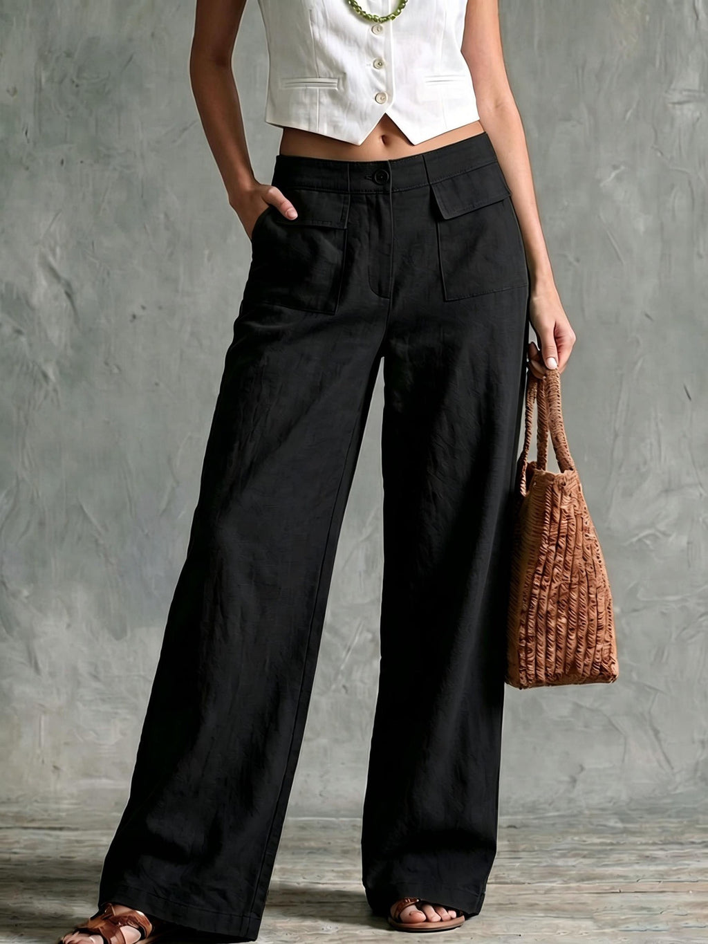 Linen Look High Rise Wide Leg Pants with Pockets - Black