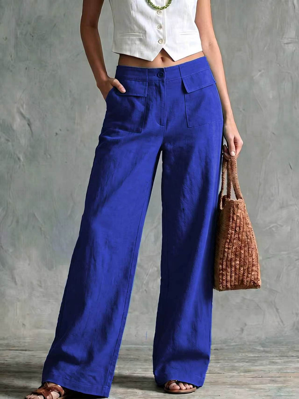 Linen Look High Rise Wide Leg Pants with Pockets - Blue