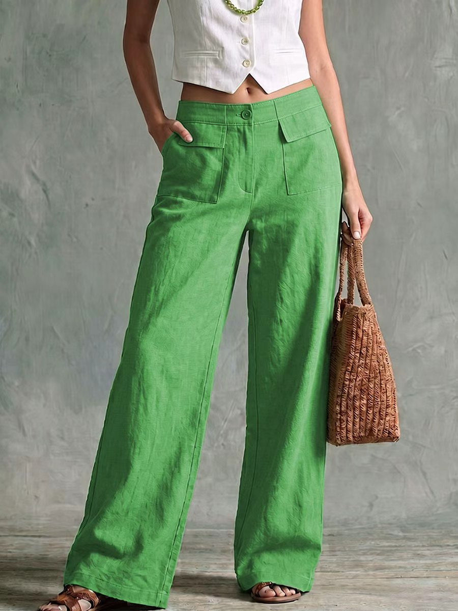 Linen Look High Rise Wide Leg Pants with Pockets - Green