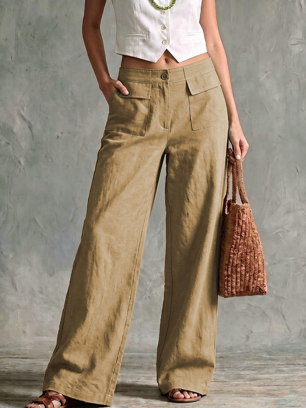 Linen Look High Rise Wide Leg Pants with Pockets - Khaki