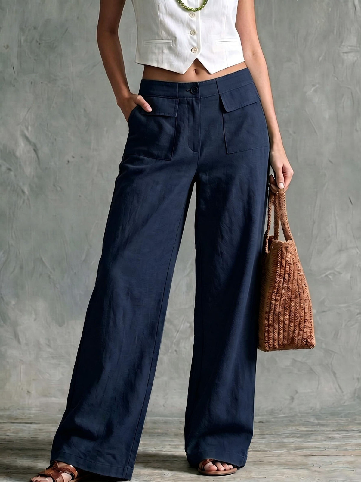 Linen Look High Rise Wide Leg Pants with Pockets - Navy
