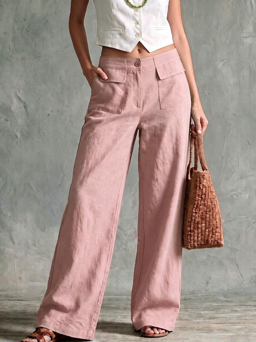 Linen Look High Rise Wide Leg Pants with Pockets - Pink