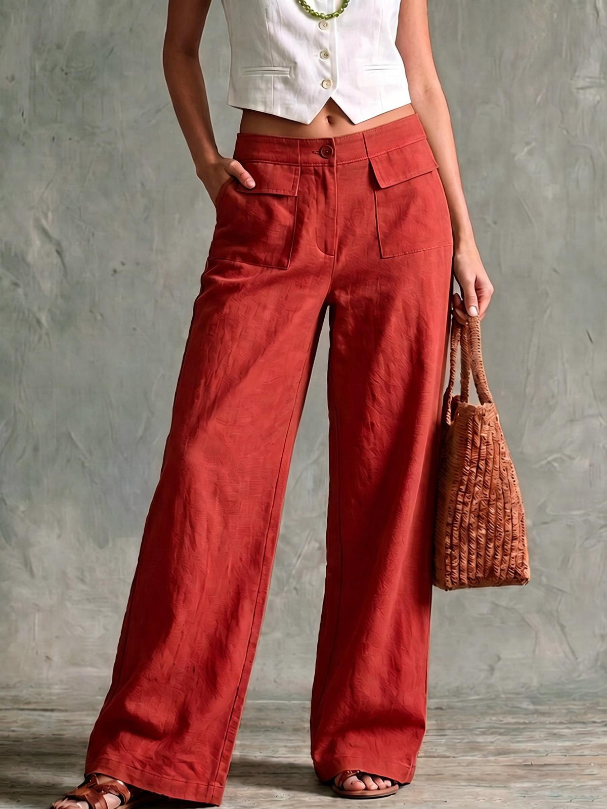 Linen Look High Rise Wide Leg Pants with Pockets - Red
