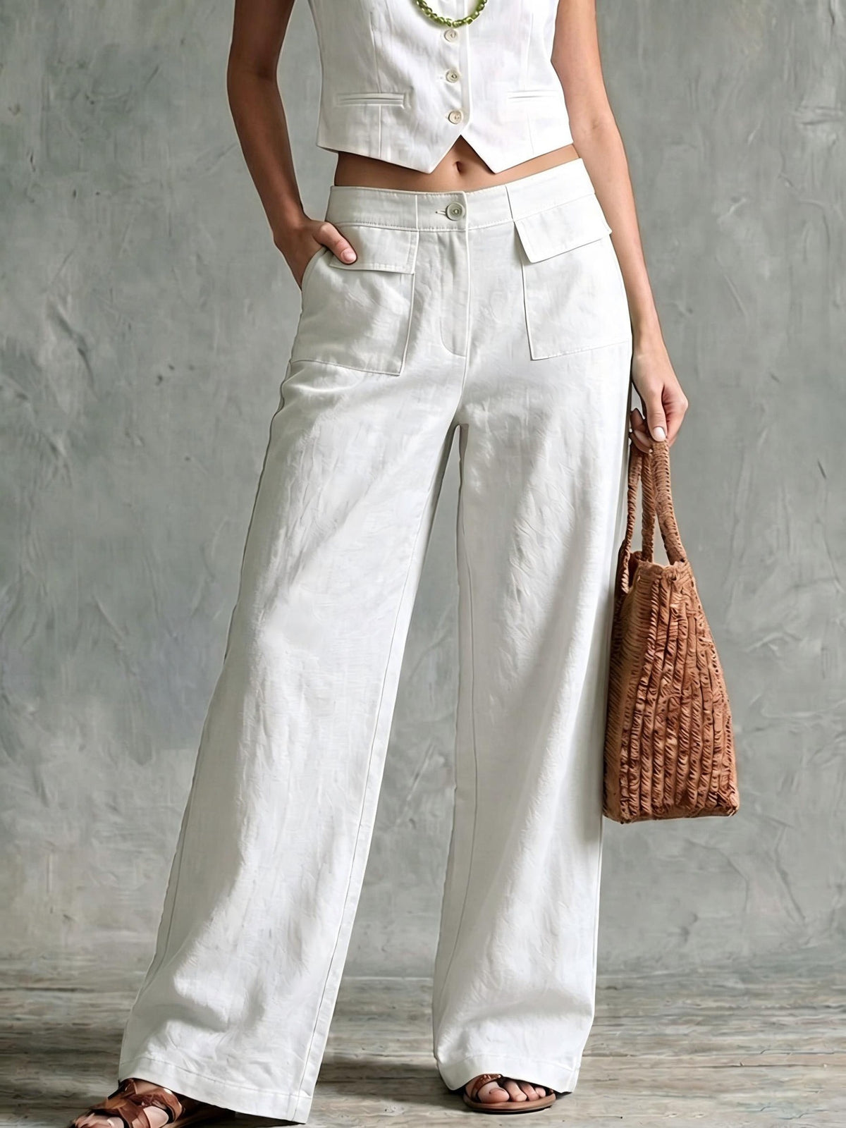 Linen Look High Rise Wide Leg Pants with Pockets - White