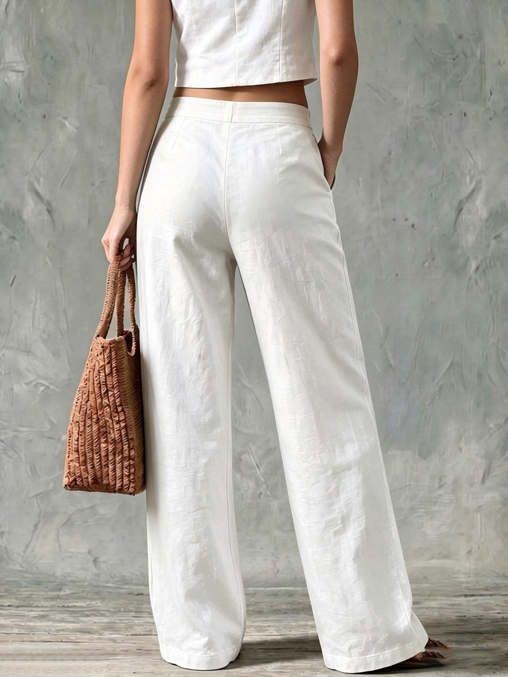 Linen Look High Rise Wide Leg Pants with Pockets - White - 1