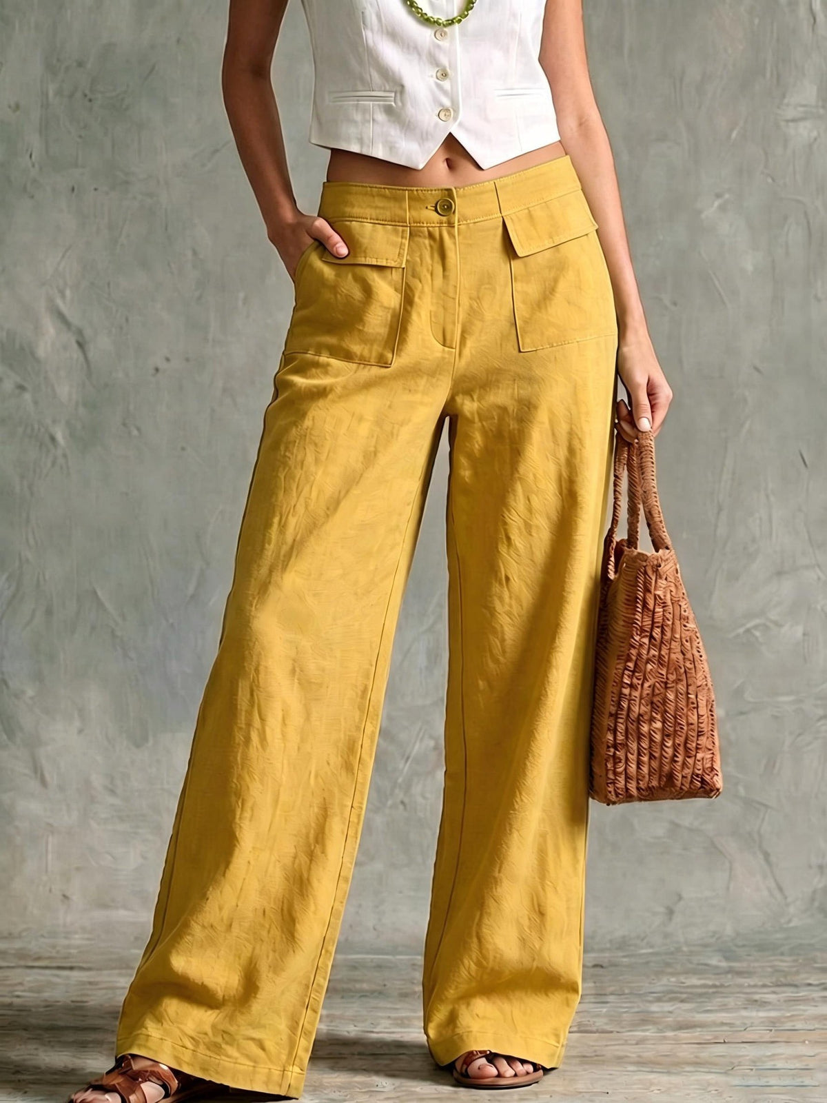 Linen Look High Rise Wide Leg Pants with Pockets - Yellow
