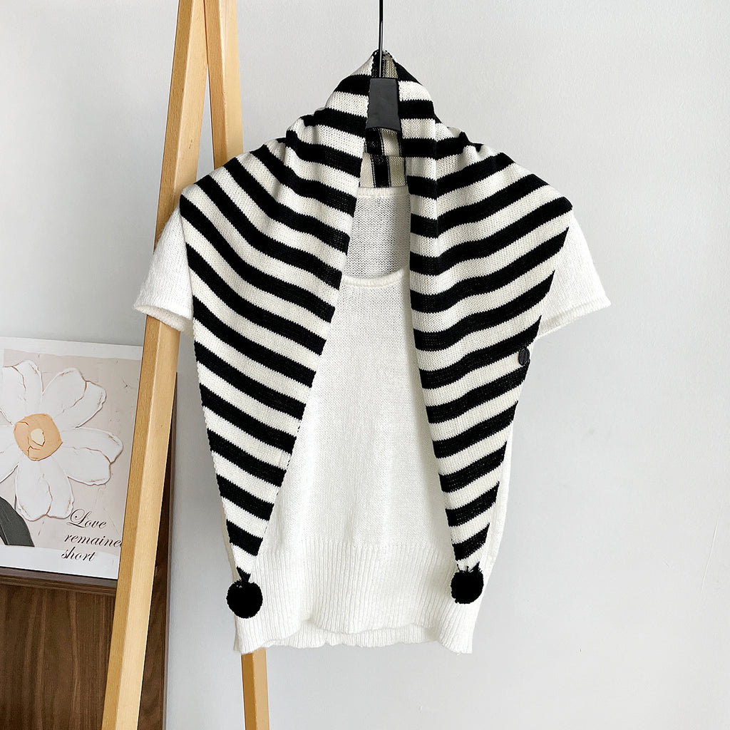 Wide Stripe Knit Pom Pom Triangle Shawl Scarf - Black