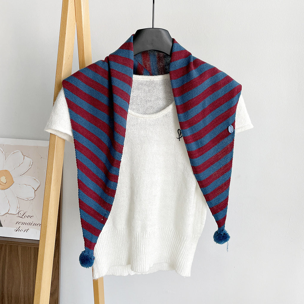 Wide Stripe Knit Pom Pom Triangle Shawl Scarf - Blue