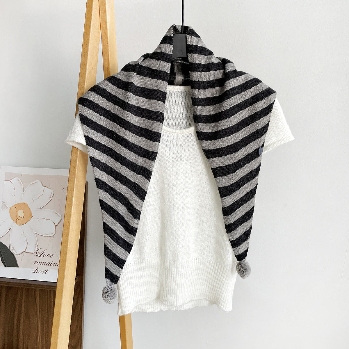 Wide Stripe Knit Pom Pom Triangle Shawl Scarf - Grey