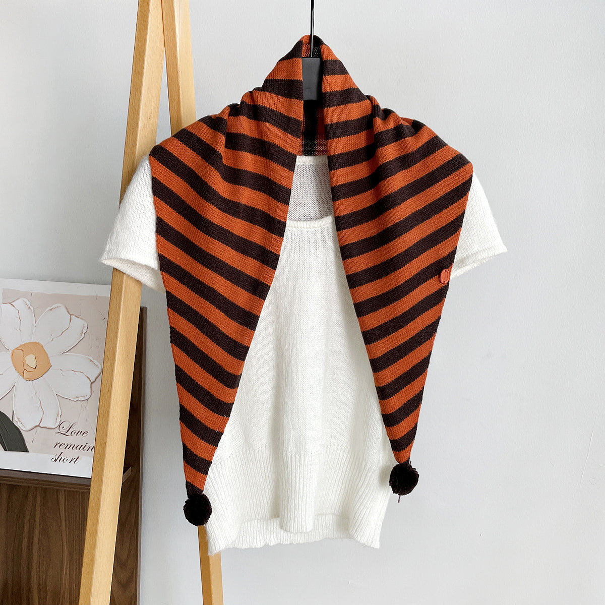 Wide Stripe Knit Pom Pom Triangle Shawl Scarf - Orange