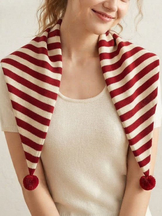 Wide Stripe Knit Pom Pom Triangle Shawl Scarf - Red