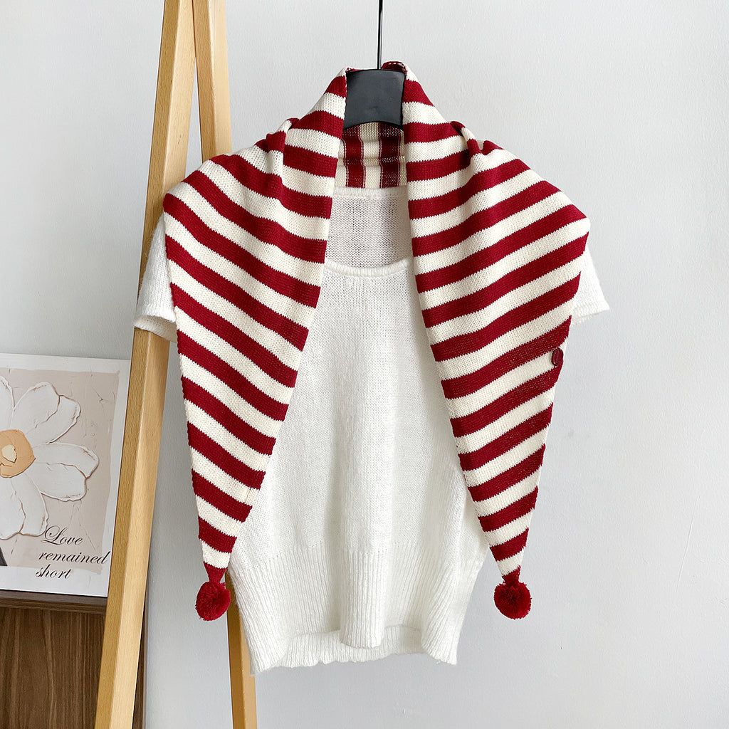 Wide Stripe Knit Pom Pom Triangle Shawl Scarf - Red - 1