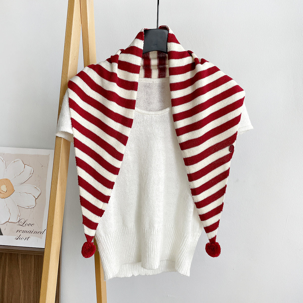 Wide Stripe Knit Pom Pom Triangle Shawl Scarf - Red - 1