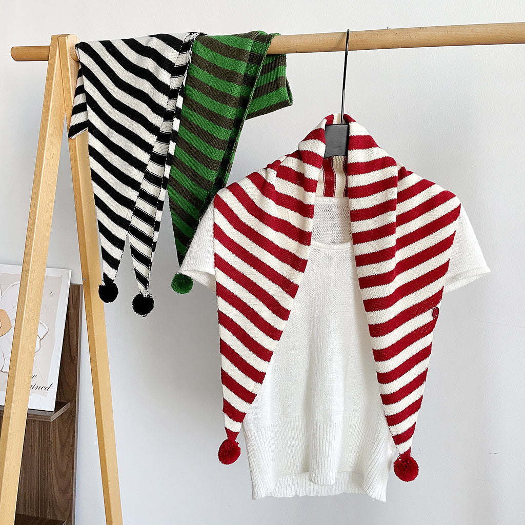 Wide Stripe Knit Pom Pom Triangle Shawl Scarf