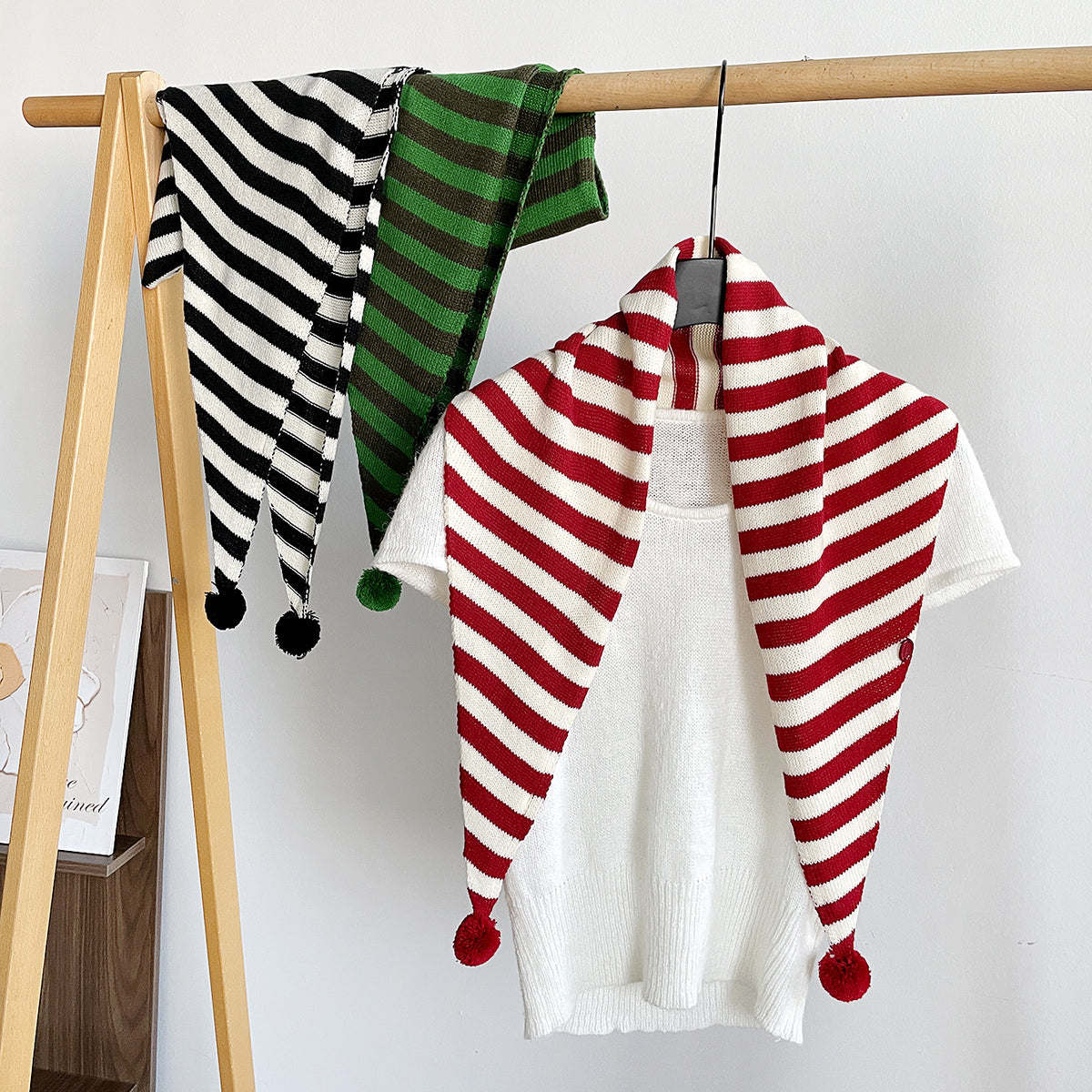 Wide Stripe Knit Pom Pom Triangle Shawl Scarf