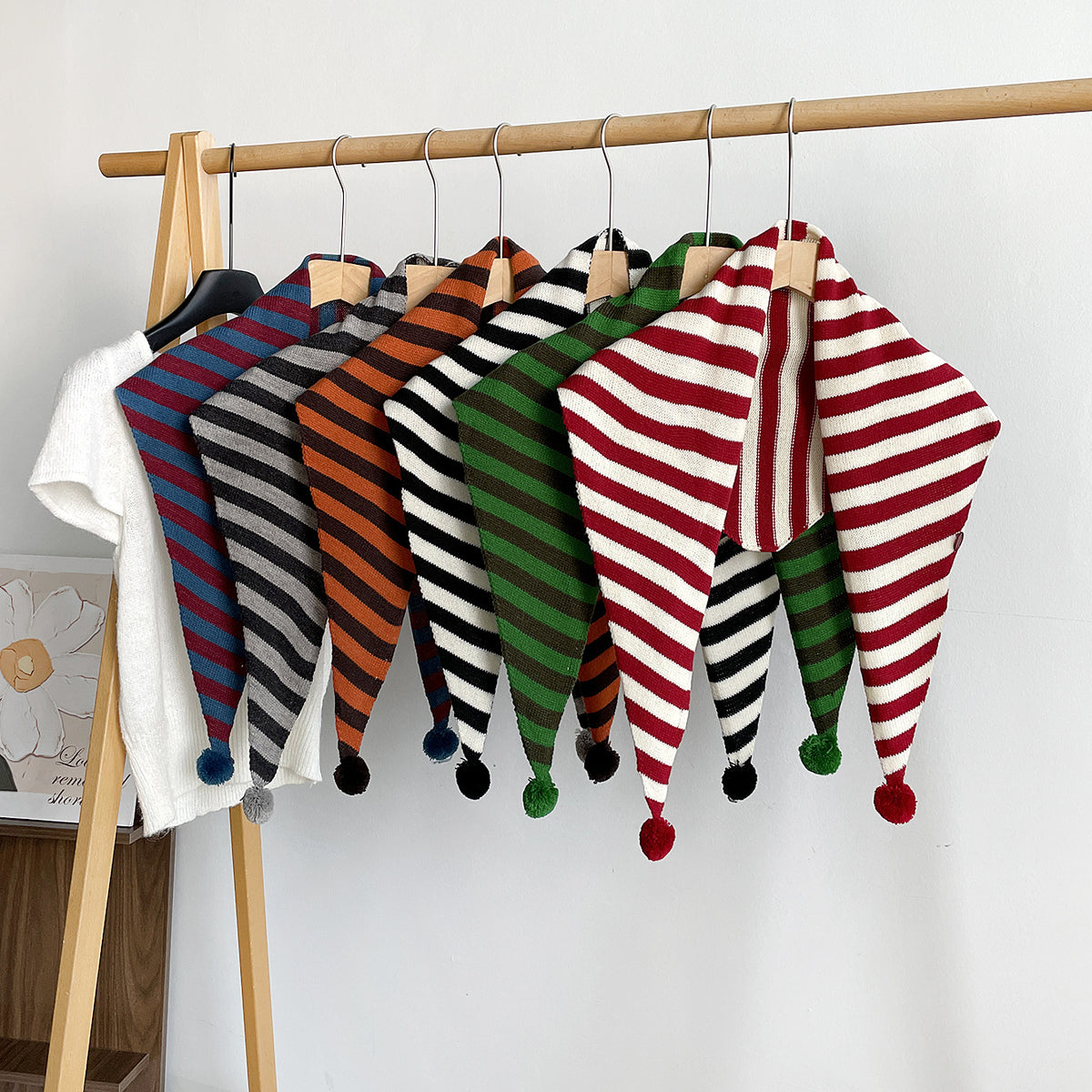Wide Stripe Knit Pom Pom Triangle Shawl Scarf - view 1