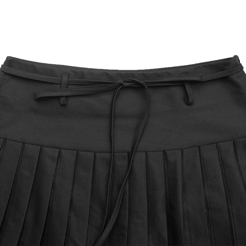 Y2K Pleated Mini Skirt With Tie Belt - Black - 1
