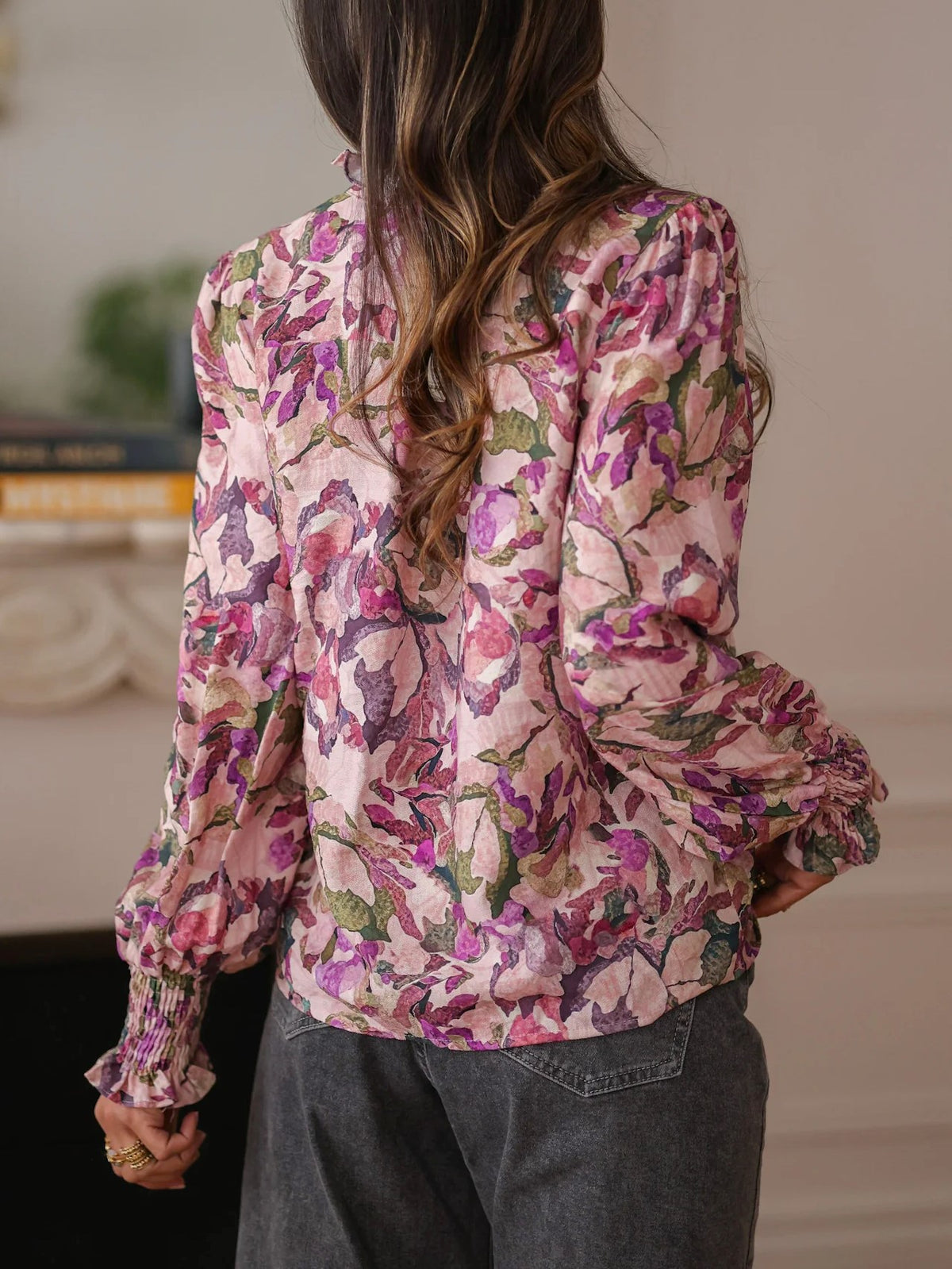 Ruffled Neck Watercolor Floral Blouse - Purple - 2