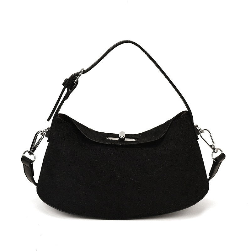 Faux Suede Crescent Shoulder Bag - Black