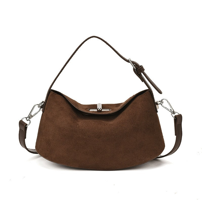 Faux Suede Crescent Shoulder Bag - Chocolate
