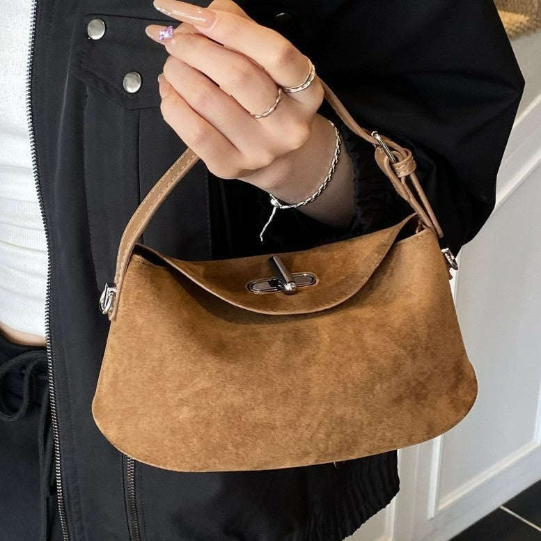 Faux Suede Crescent Shoulder Bag